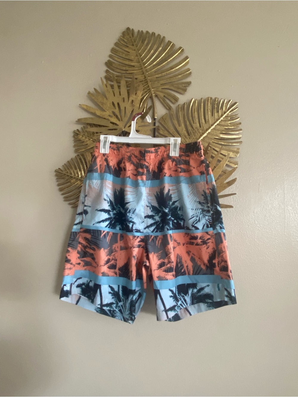 Laguna B Coral and Light Blue Palm-Stripe Swim Shorts
